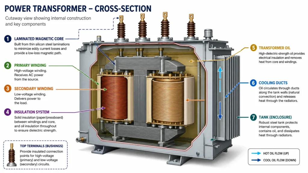 Labeled cross section of a power transformer showing the laminated core, primary and secondary windings, insulation layers, and cooling ducts
