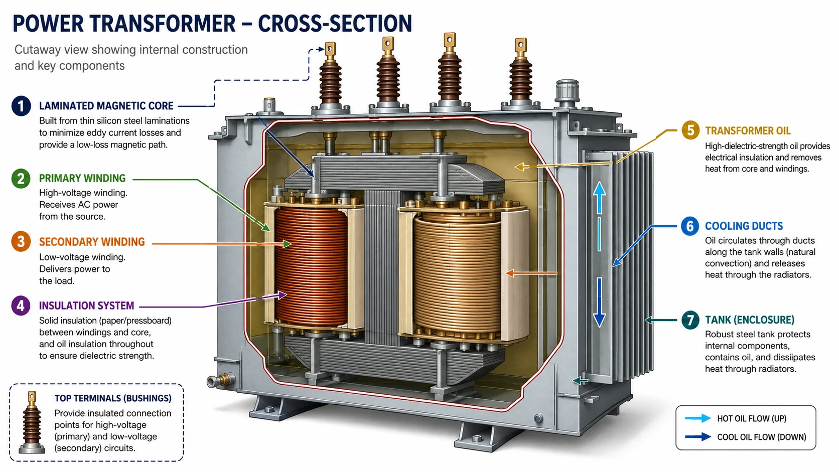 Annotated diagram of a dry type transformer nameplate highlighting rated power, percentage impedance, vector group and temperature rise fields
