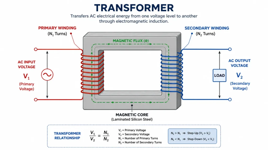 Simplified diagram showing primary and secondary windings wrapped around a magnetic core, with input voltage on the primary side and transformed output voltage on the secondary side