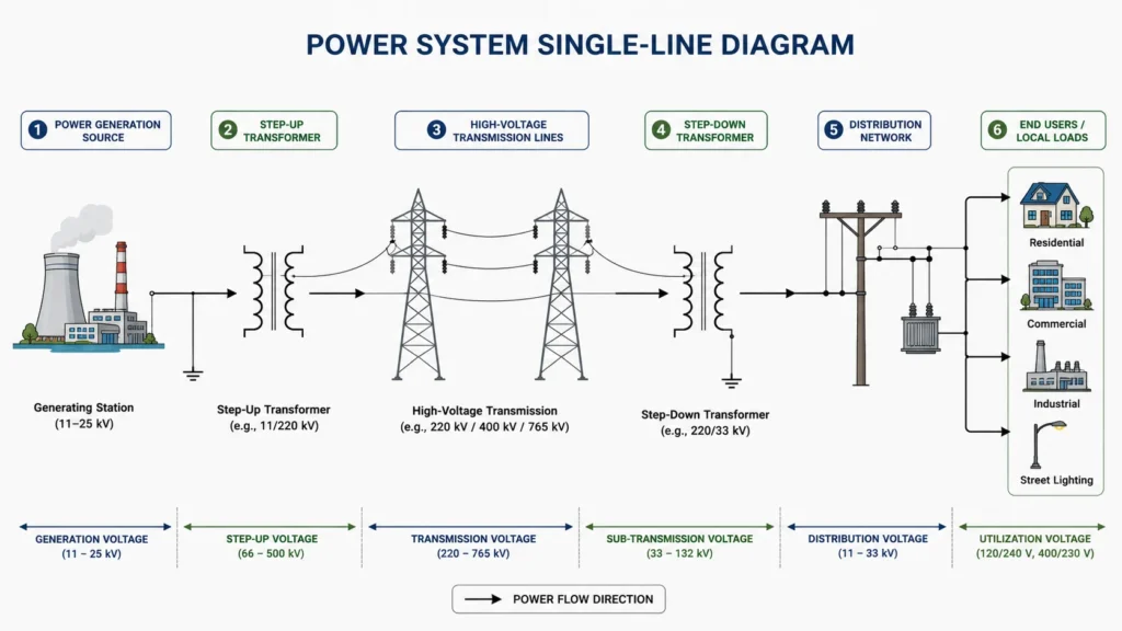 Power system single-line diagram showing generation, step-up transformer, transmission lines, step-down transformer, and distribution network