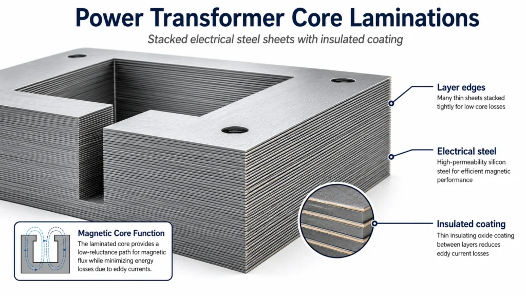 Stacked electrical steel laminations forming the core of a power transformer, with visible layer edges and insulated coating