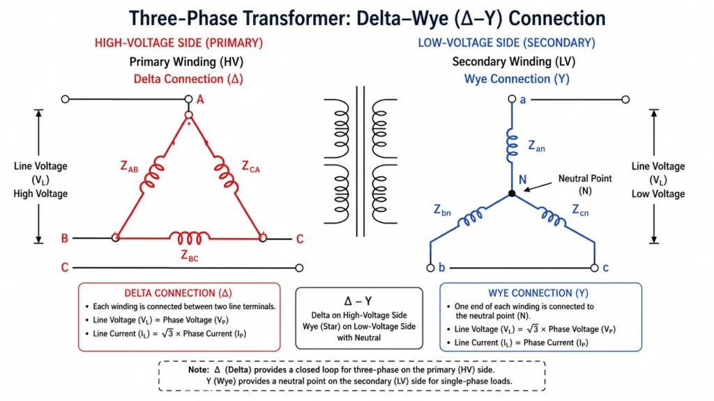 Three phase transformer winding diagram showing delta connected primary on the high voltage side and wye connected secondary with neutral on the low voltage side