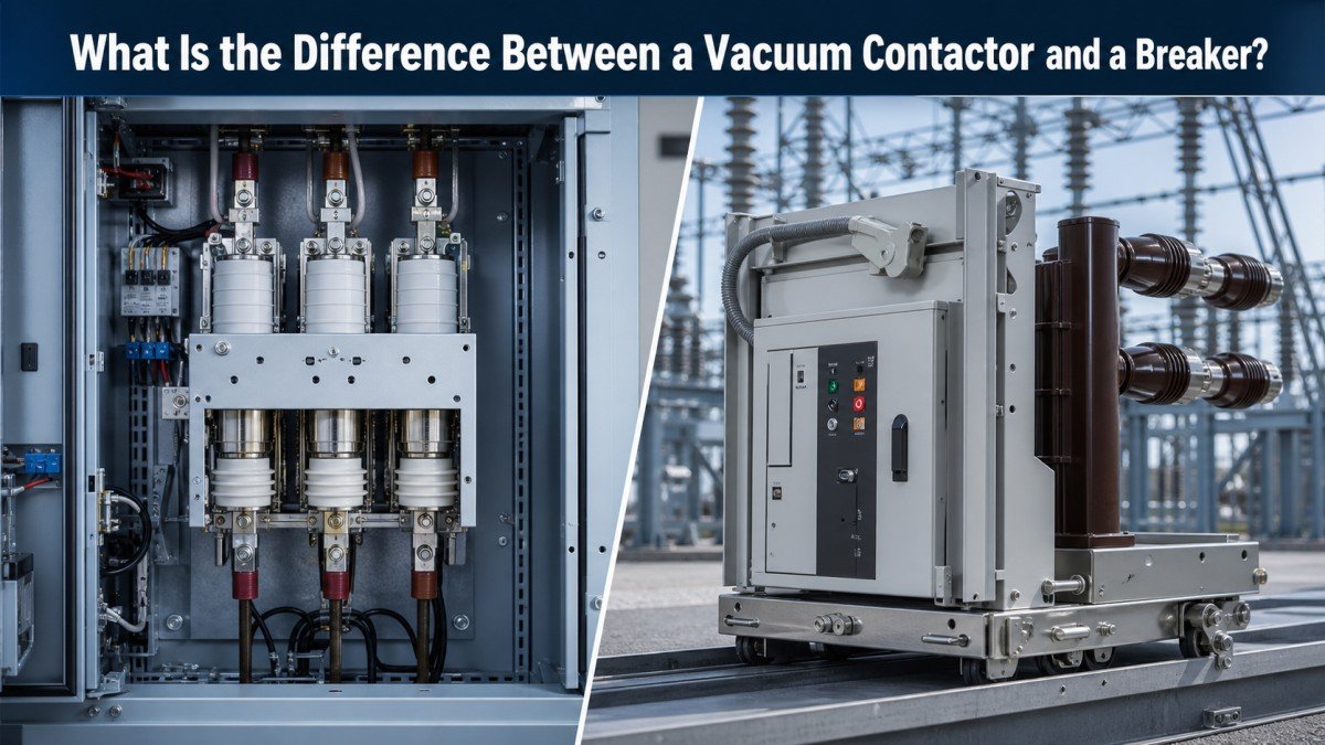 Side-by-side comparison of a vacuum contactor and a vacuum circuit breaker in an industrial switchgear setting