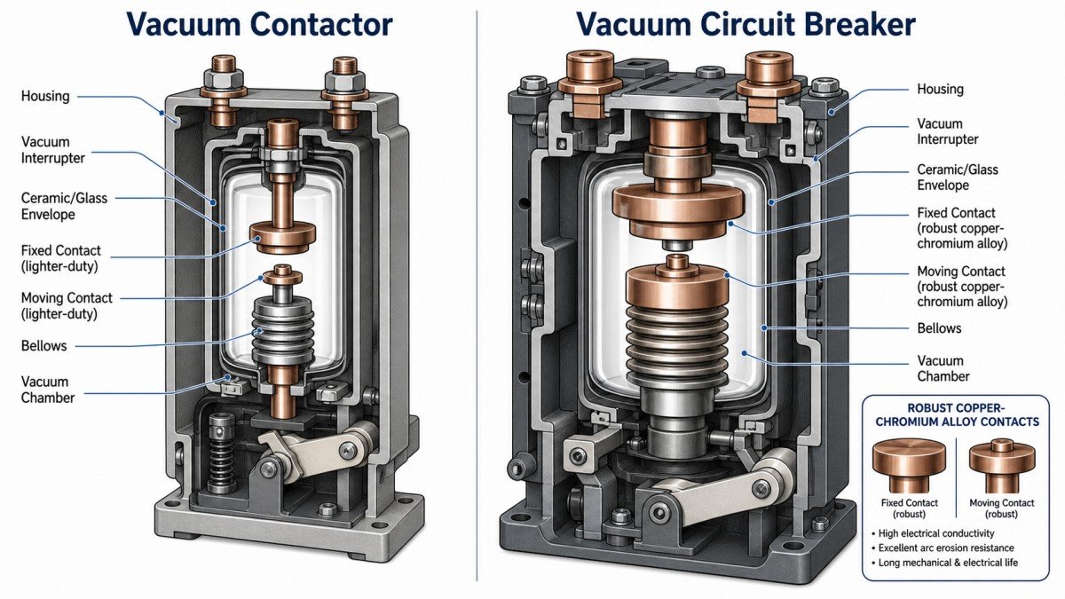 Cutaway diagram comparing the internal structure of a vacuum contactor and a vacuum circuit breaker side by side, highlighting contact size, operating mechanism, and protection relay integration