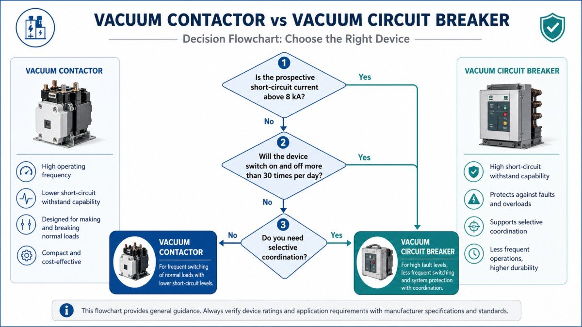 Decision flowchart showing the step-by-step selection process between a vacuum contactor and a vacuum circuit breaker based on fault current, switching frequency, and application type