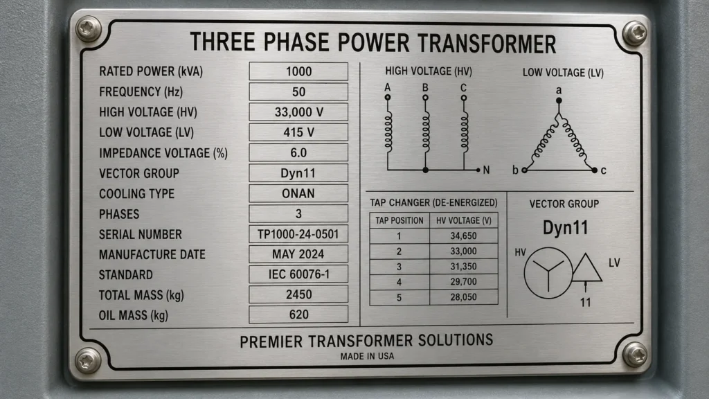 Close-up of a transformer nameplate showing kVA rating, voltage levels, impedance percentage, and vector group symbol