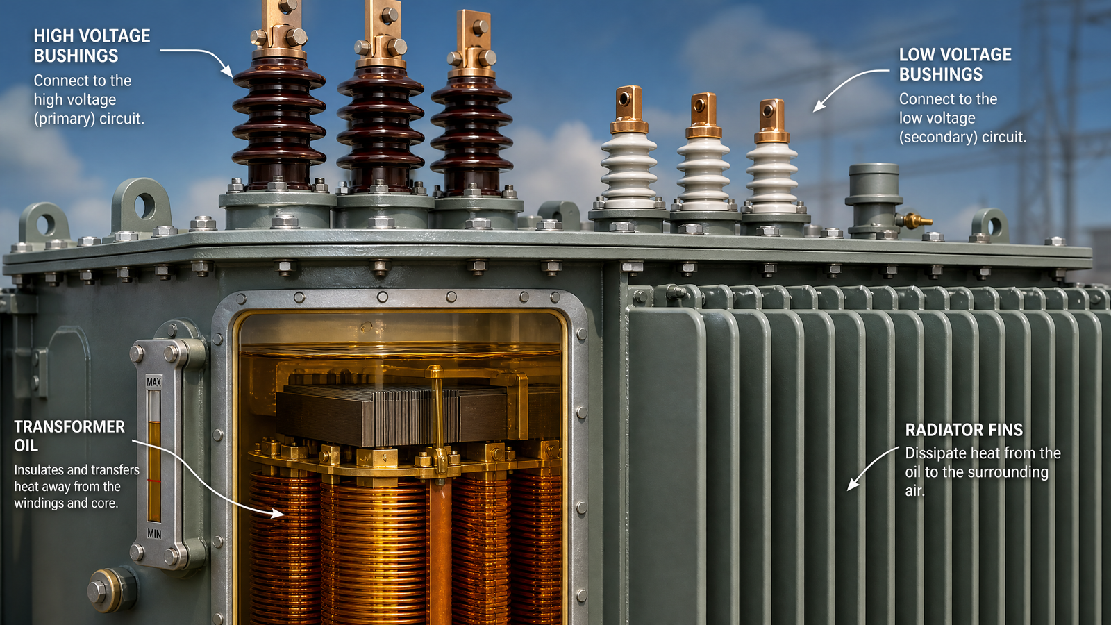 Close-up of an oil-immersed transformer tank with radiator fins and high and low voltage bushings