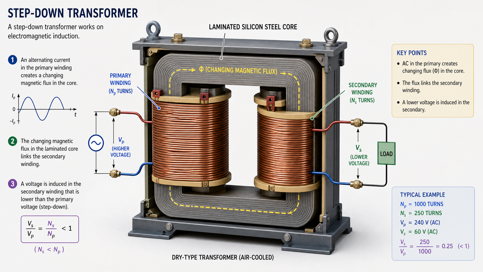 Cutaway view of a Step Down Power Transformer showing primary and secondary copper windings on a laminated silicon steel core