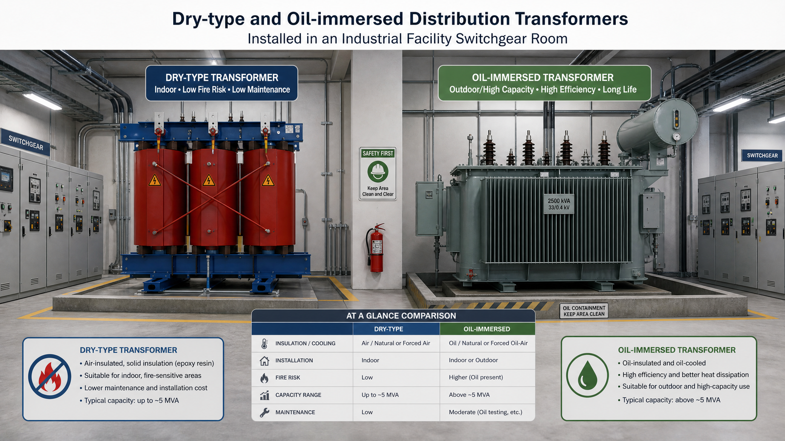 Dry-type and oil-immersed distribution transformers installed in an industrial facility switchgear room