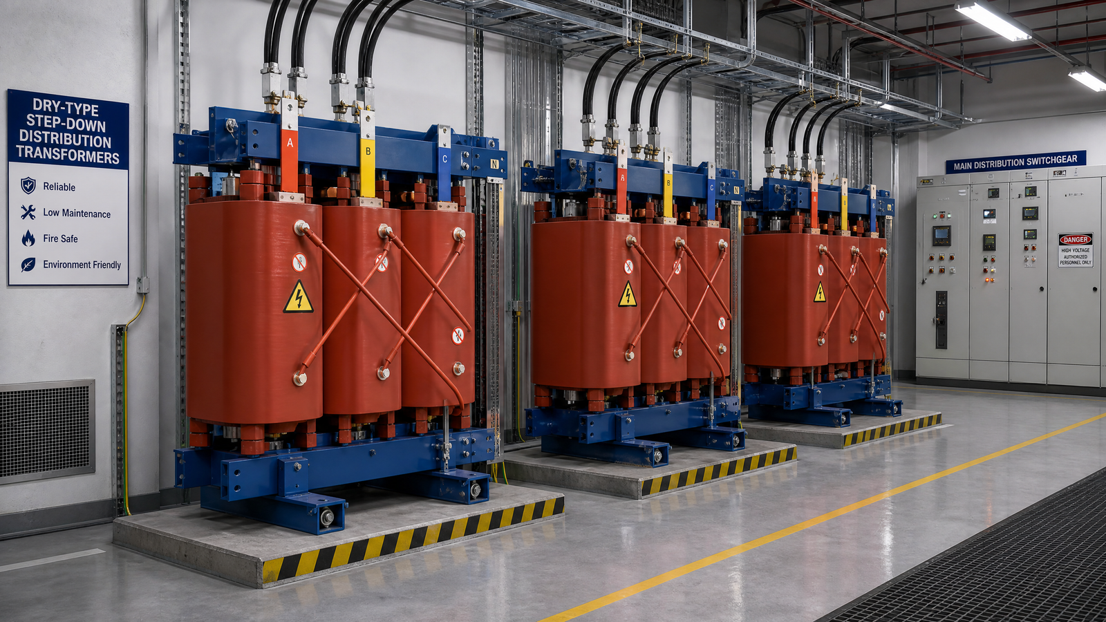 Dry-type step-down distribution transformers installed side by side in an industrial switchgear room