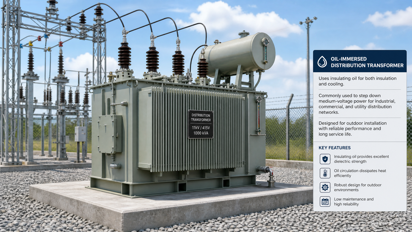 Oil-immersed power transformer installed on a concrete pad in an outdoor substation