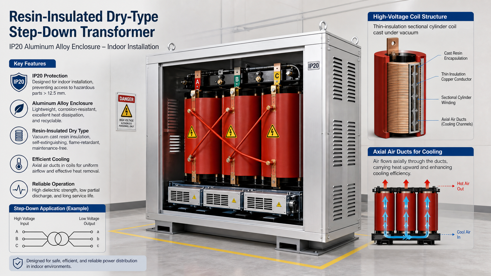 Resin-insulated dry-type step-down transformer with IP20 aluminum alloy enclosure installed indoors