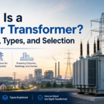 Power transformer stepping voltage up for transmission and down for distribution in an electrical network