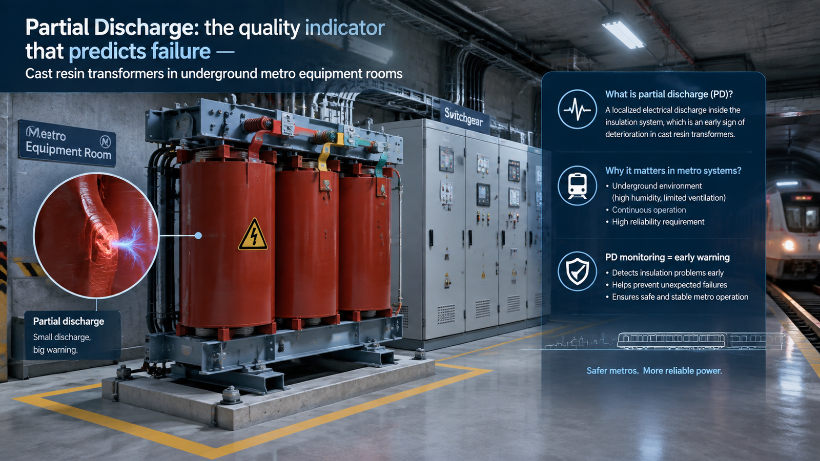 Cast resin dry type transformer installed in an underground metro equipment room with switchgear