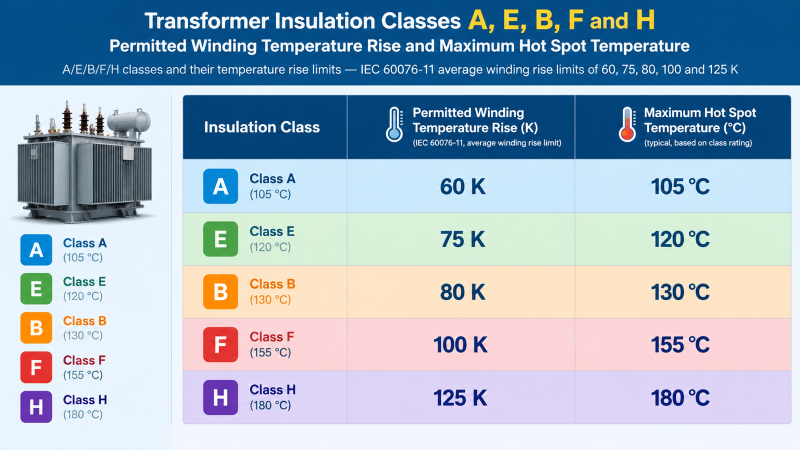 Chart mapping transformer insulation classes A, E, B, F and H against permitted winding temperature rise and maximum hot spot temperature