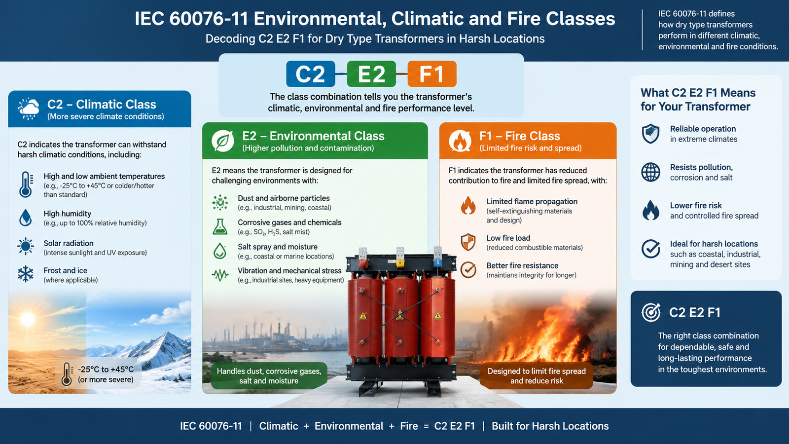 Diagram explaining IEC 60076-11 climatic, environmental and fire class combinations such as C2 E2 F1 for dry type transformers