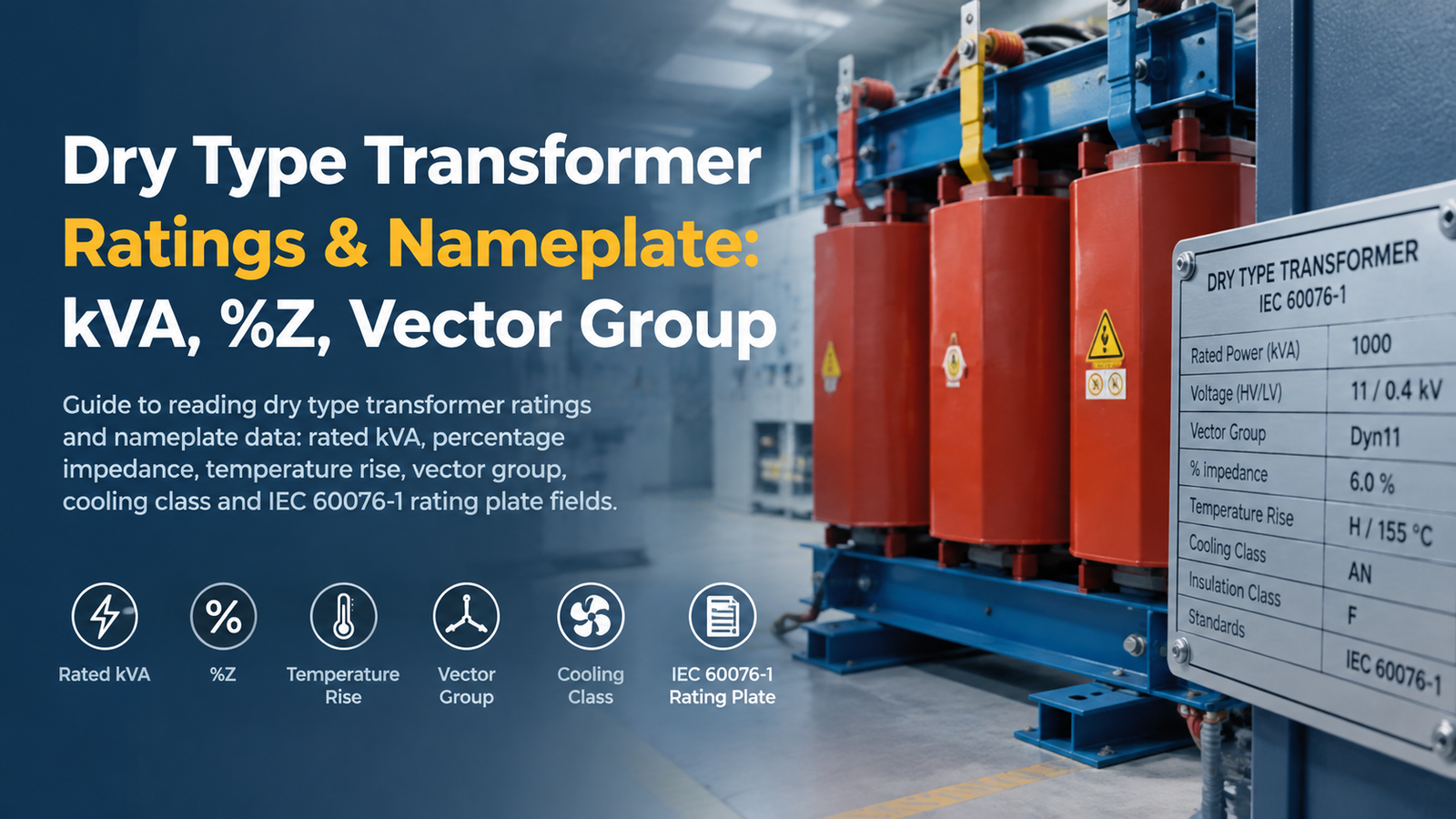 Close-up of a dry type transformer nameplate showing kVA rating, percentage impedance, vector group and temperature rise