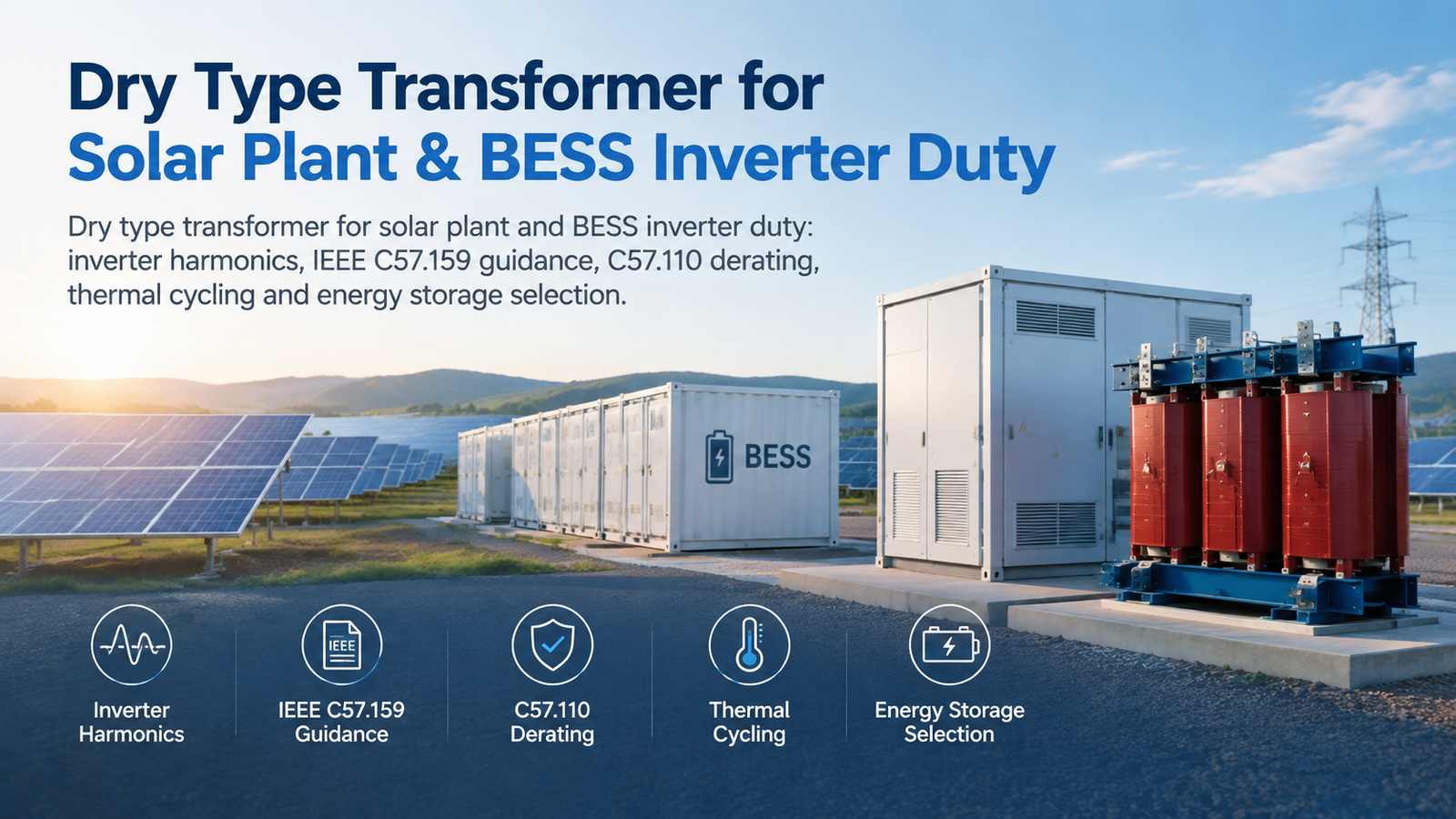 Solar PV inverter stations and medium voltage step-up transformers at a utility scale renewable plant
