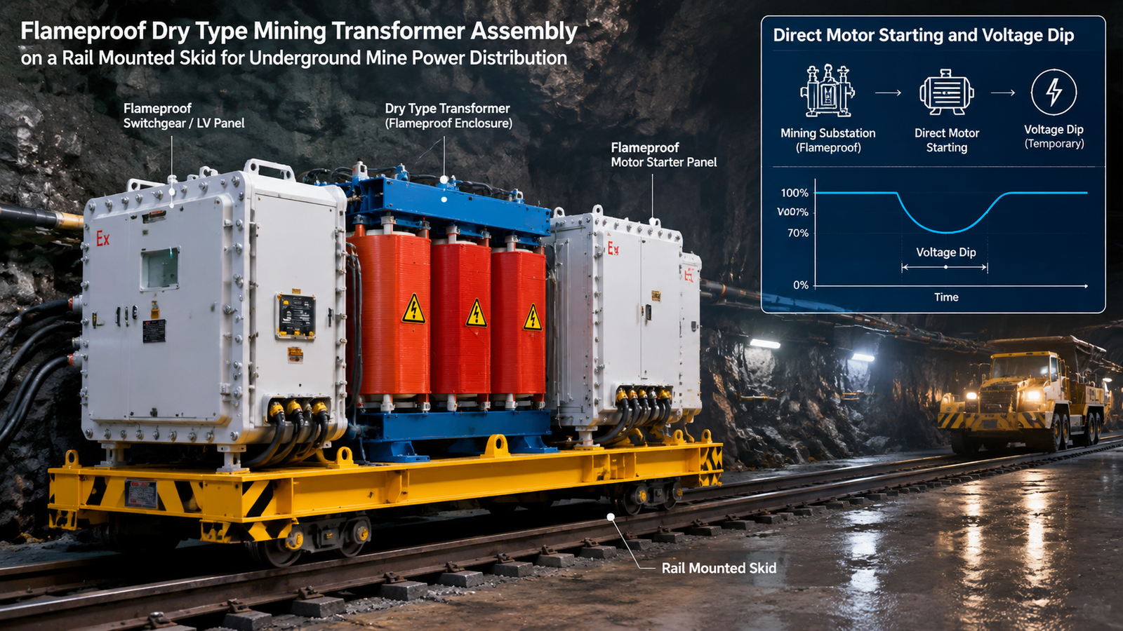 Flameproof dry type mining transformer assembly on a rail mounted skid for underground mine power distribution