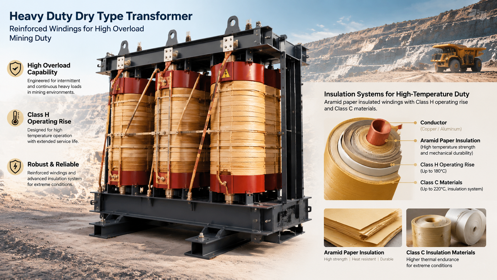 Heavy duty dry type transformer with reinforced windings prepared for high overload mining duty