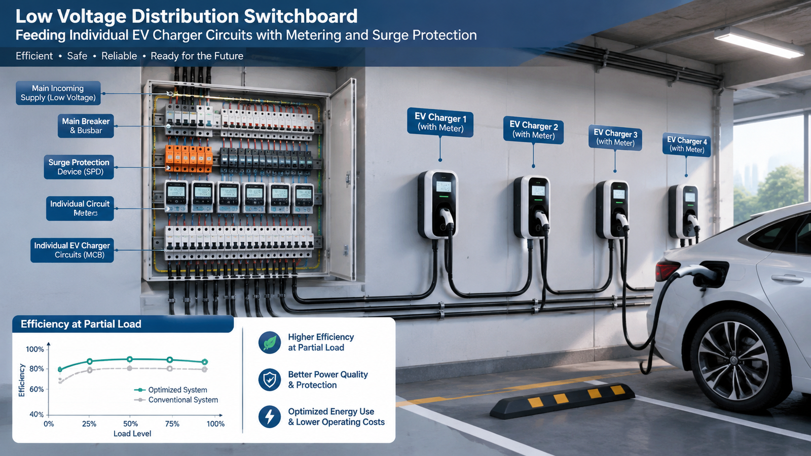 Low voltage distribution switchboard feeding individual EV charger circuits with metering and surge protection