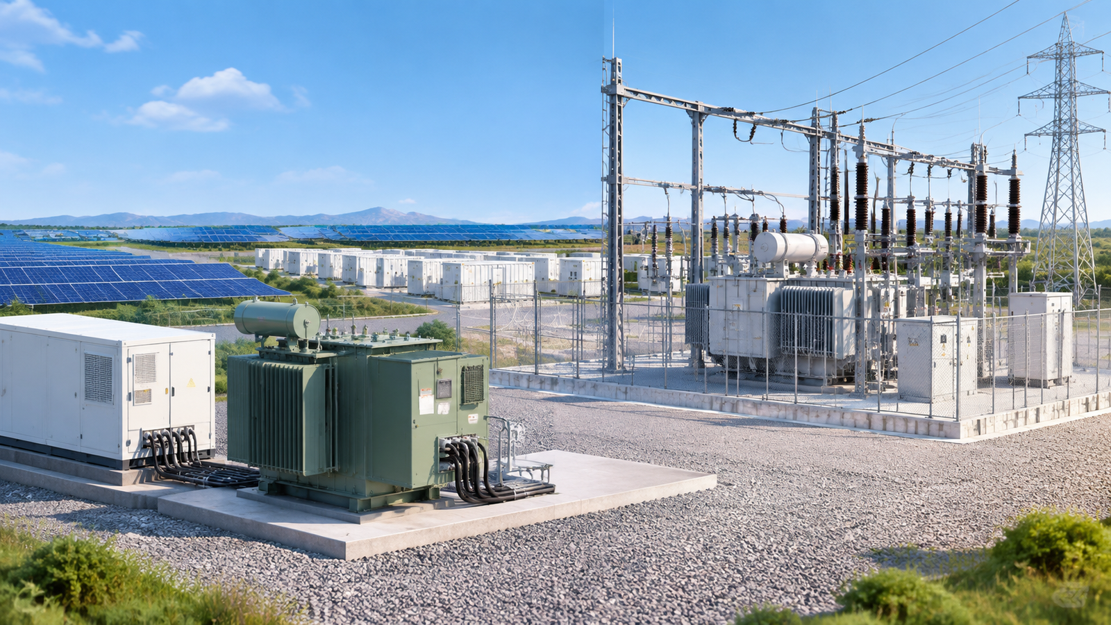 Medium voltage step-up transformer and collector substation at a utility scale renewable energy plant