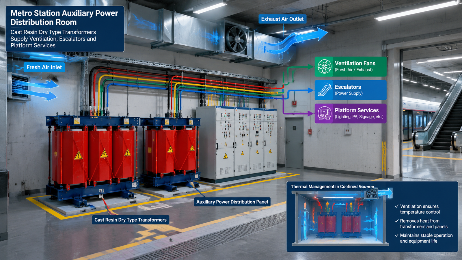 Metro station auxiliary power distribution room with cast resin dry type transformers supplying ventilation and platform services