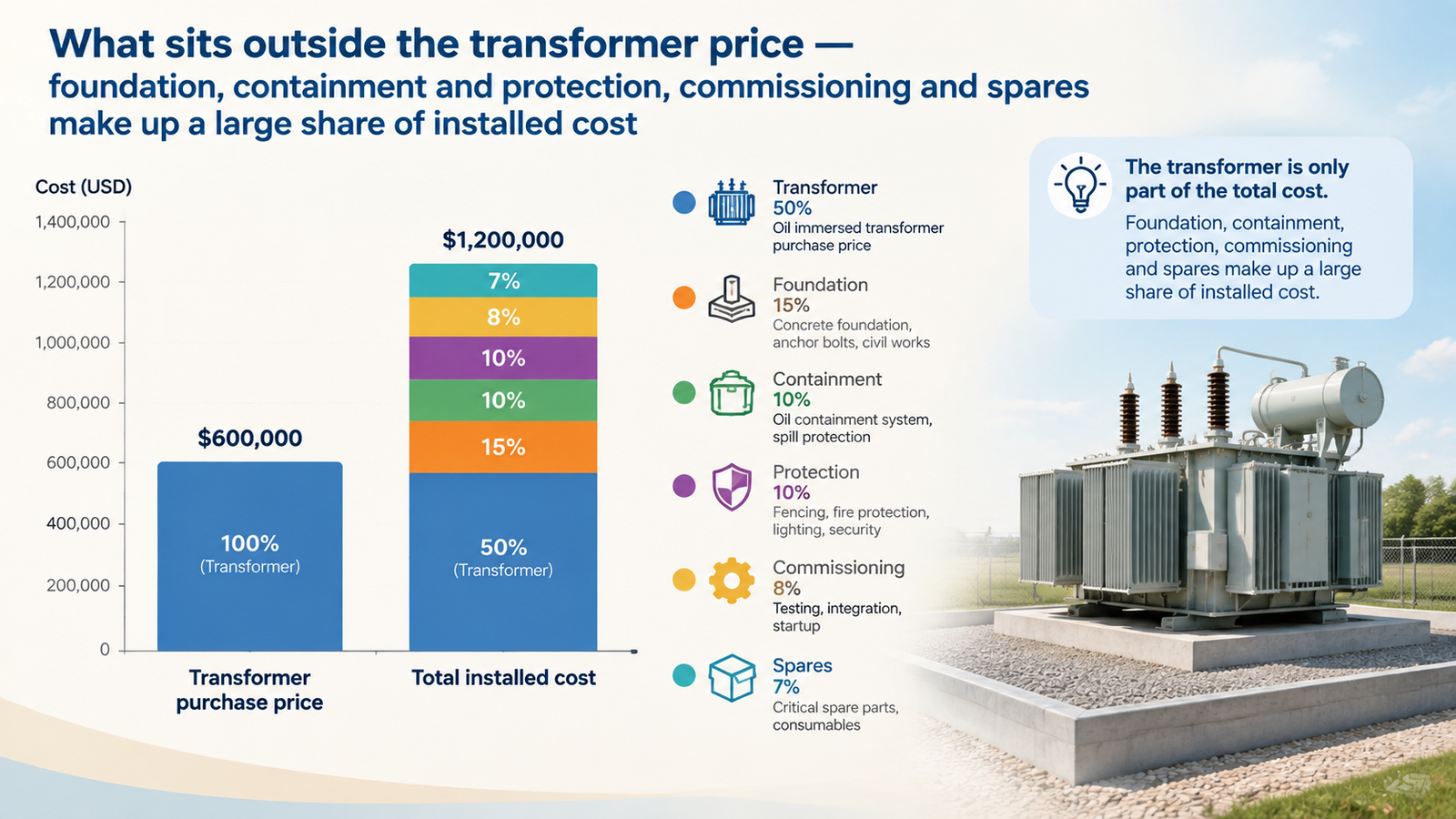 Stacked bar chart comparing oil immersed transformer purchase price with installed cost items such as foundation, containment and protection