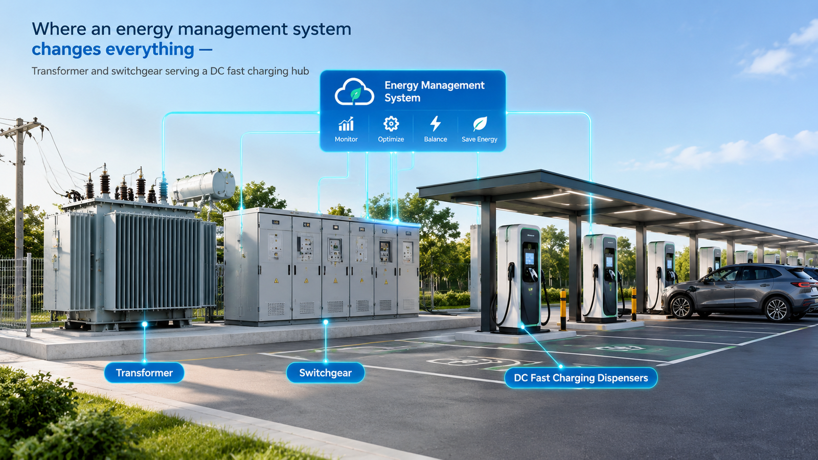 Transformer and switchgear serving a DC fast charging hub with multiple charging dispensers