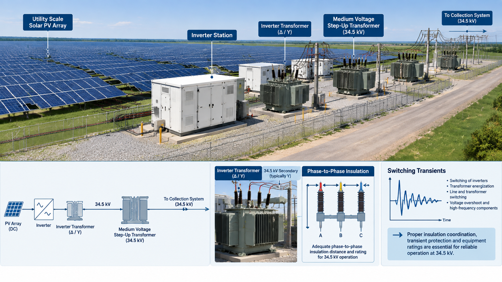 Utility scale solar photovoltaic array feeding inverter stations and medium voltage step-up transformers at the edge of a plant