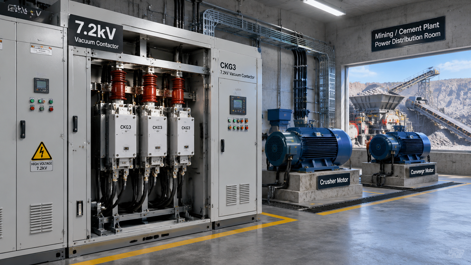 CKG3 7.2kV vacuum contactor switching crusher and conveyor motors in a mining plant electrical room