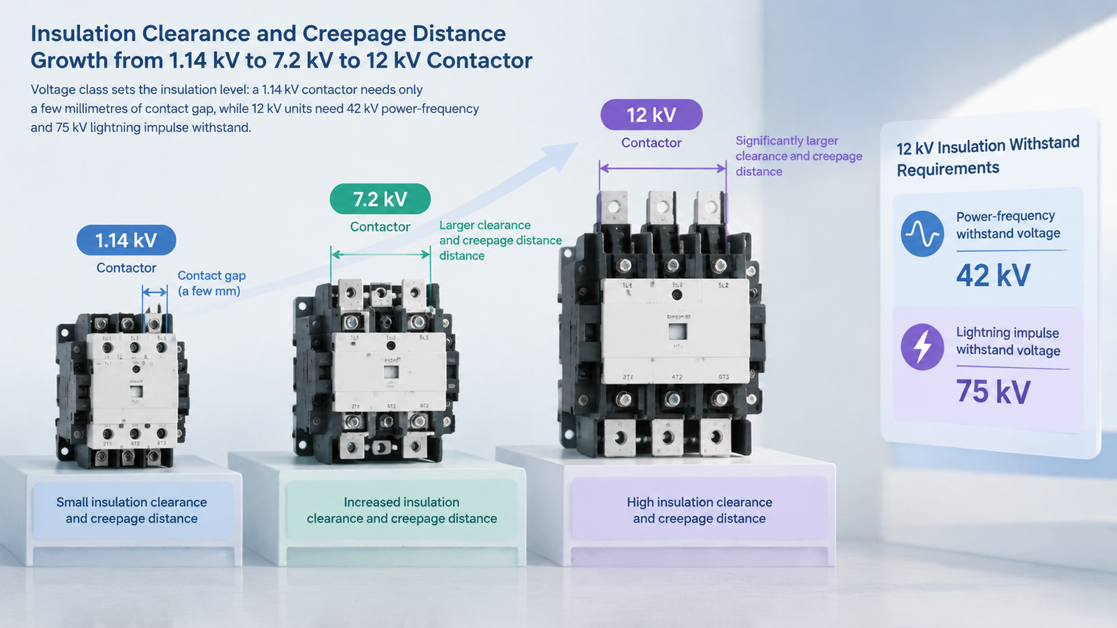 Insulation clearance and creepage growth from 1140 V to 12 kV contactors