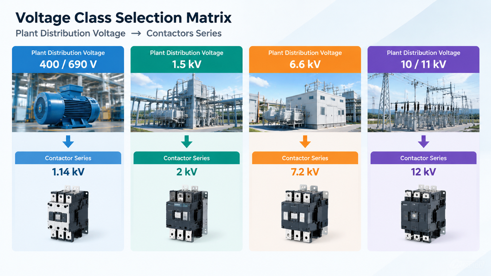 Matrix mapping plant distribution voltage to vacuum contactor series