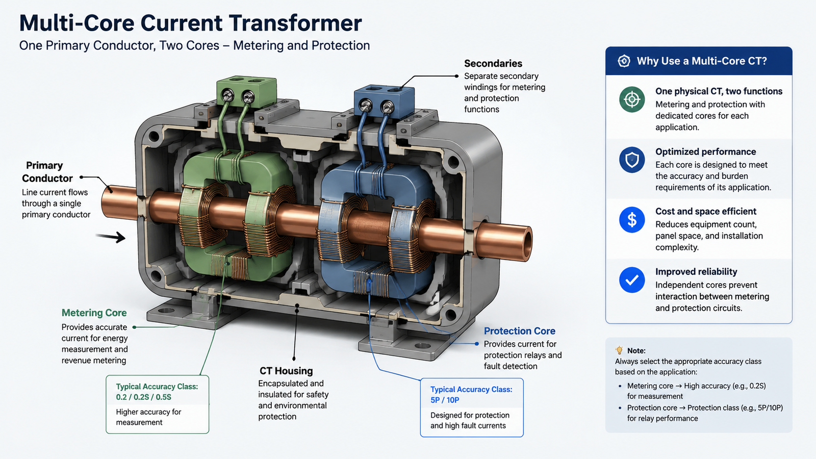 Cutaway of a multi-core current transformer showing a metering core and a protection core sharing one primary conductor