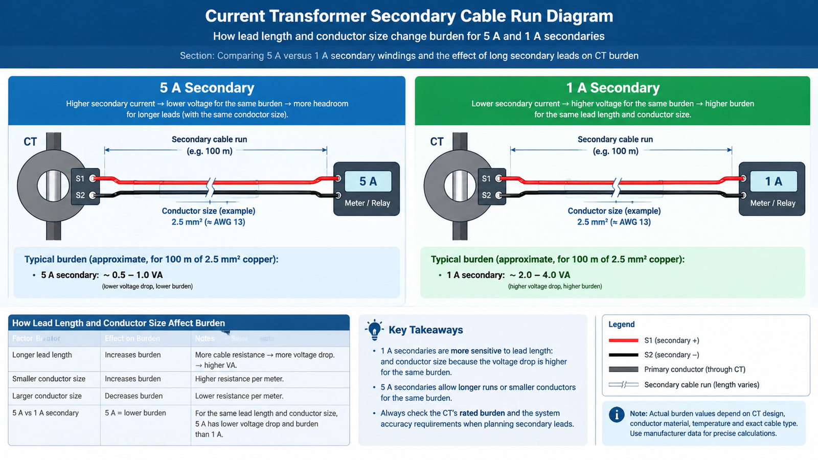 Secondary cable run diagram showing how lead length and conductor size change the burden for 5 A and 1 A current transformers
