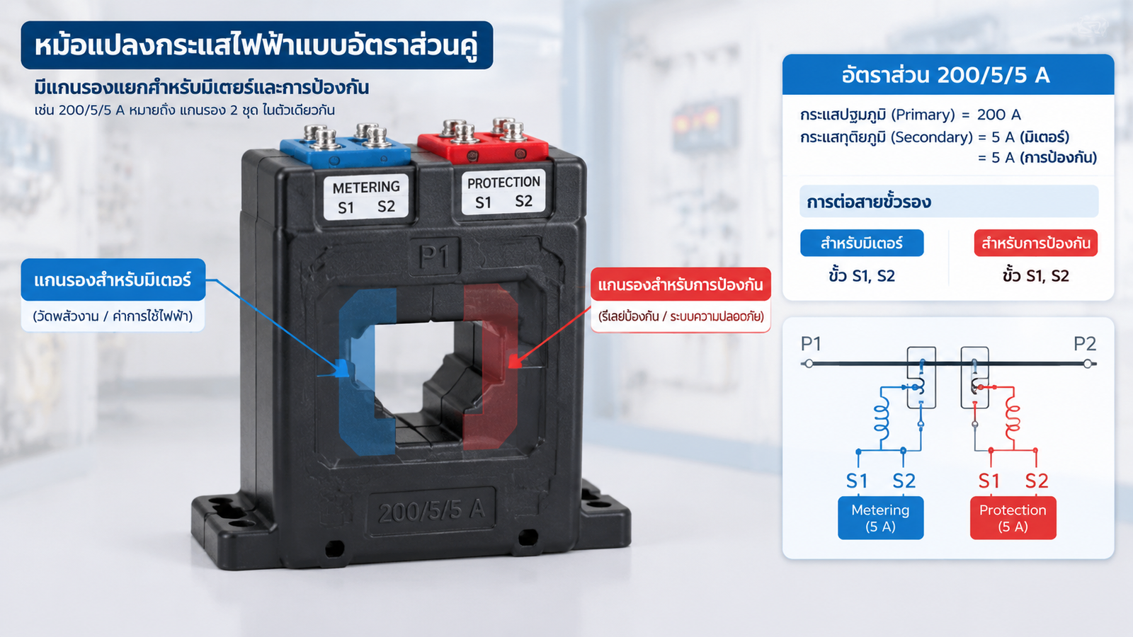 Dual ratio current transformer with separate metering and protection cores