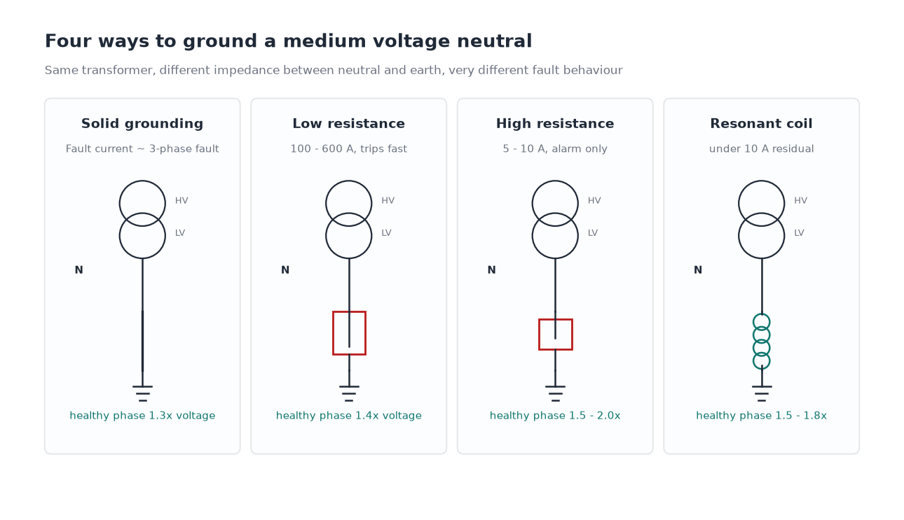 Single line diagram comparing solid, low resistance and high resistance neutral grounding arrangements