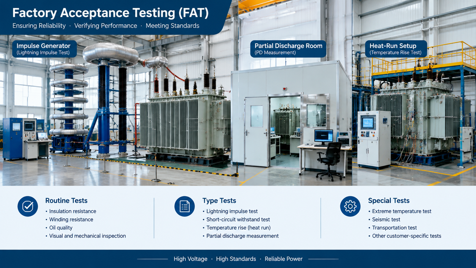 Power transformer factory acceptance test bay with impulse generator, partial discharge room and heat-run setup