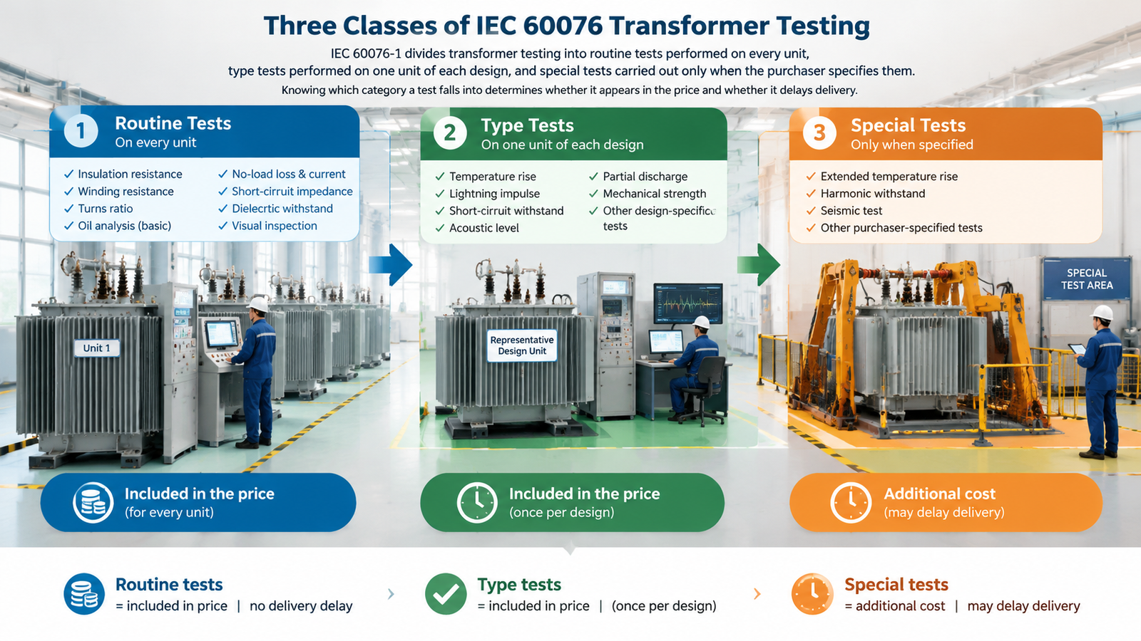Diagram of routine, type and special tests in IEC 60076 transformer testing and which of them affect price and delivery
