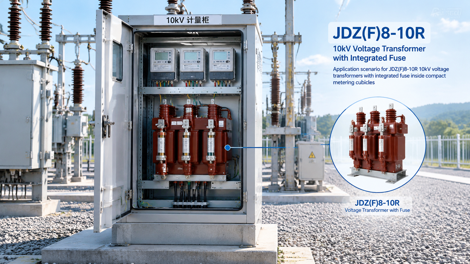 JDZ(F)8-10R 10kV fused voltage transformer installed in a compact metering cubicle with energy meters