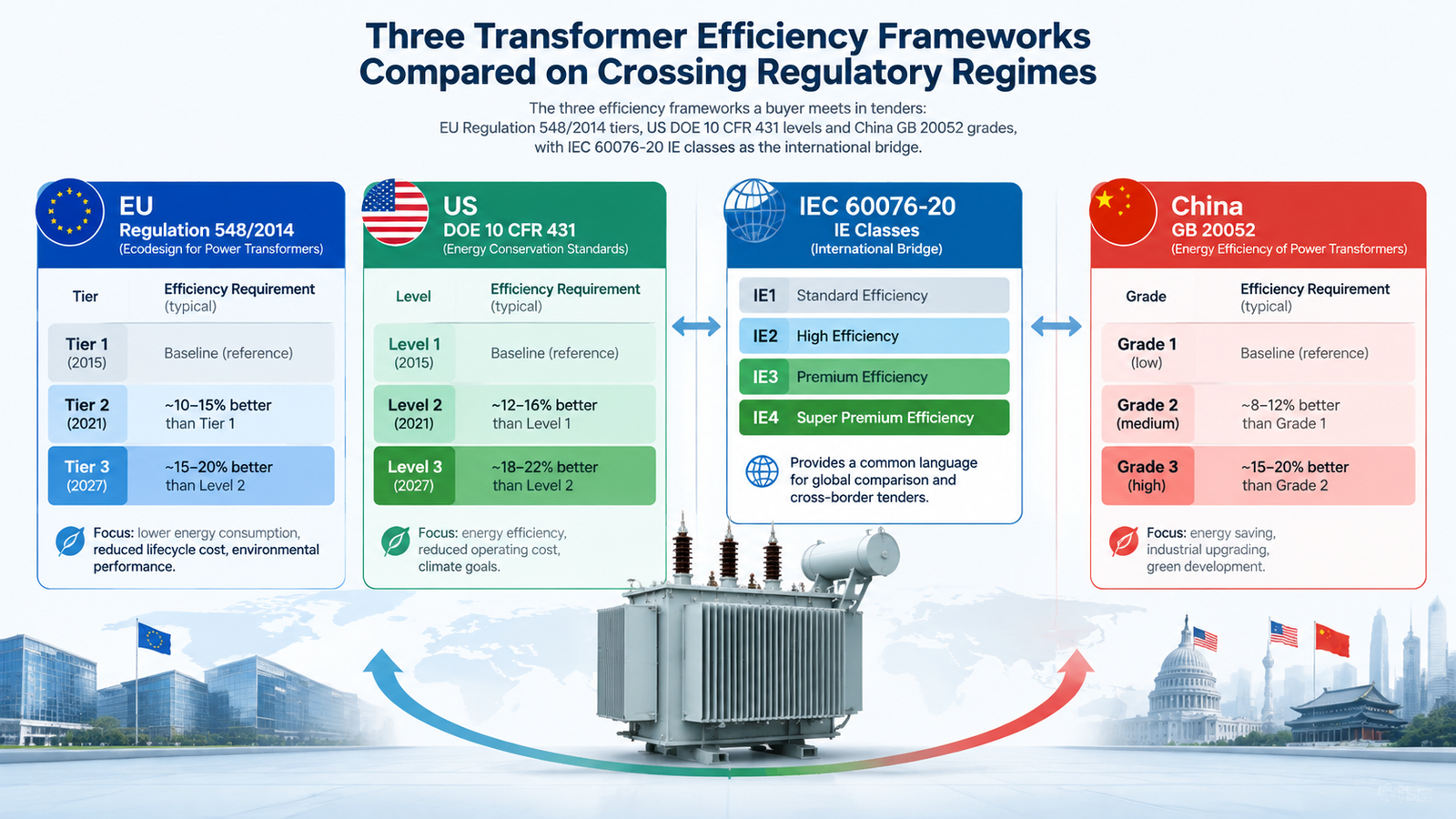 Three transformer efficiency frameworks compared: EU ErP tiers, US DOE levels and China GB 20052 grades