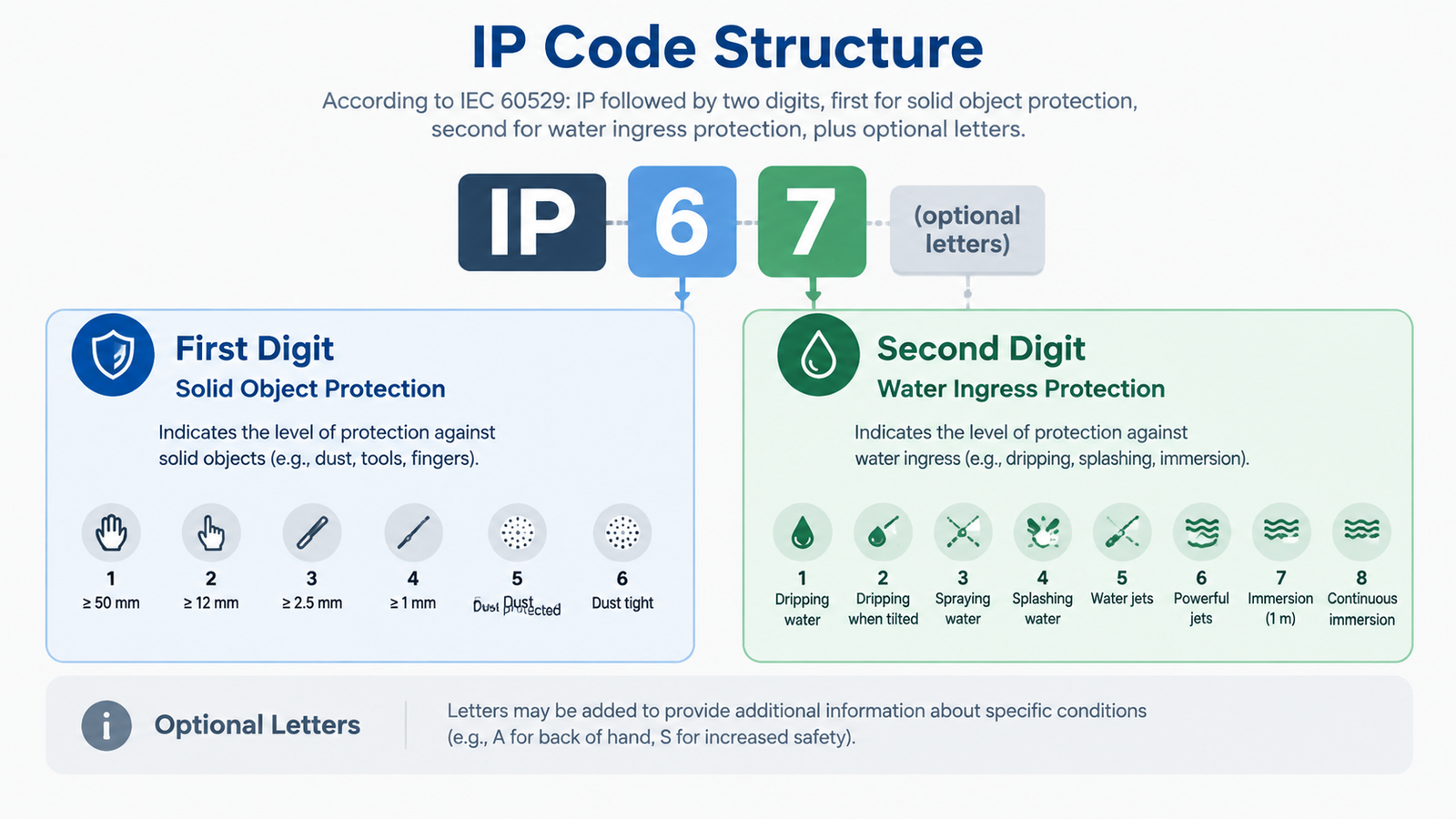 IP code structure explained with first digit for solid protection and second digit for water protection