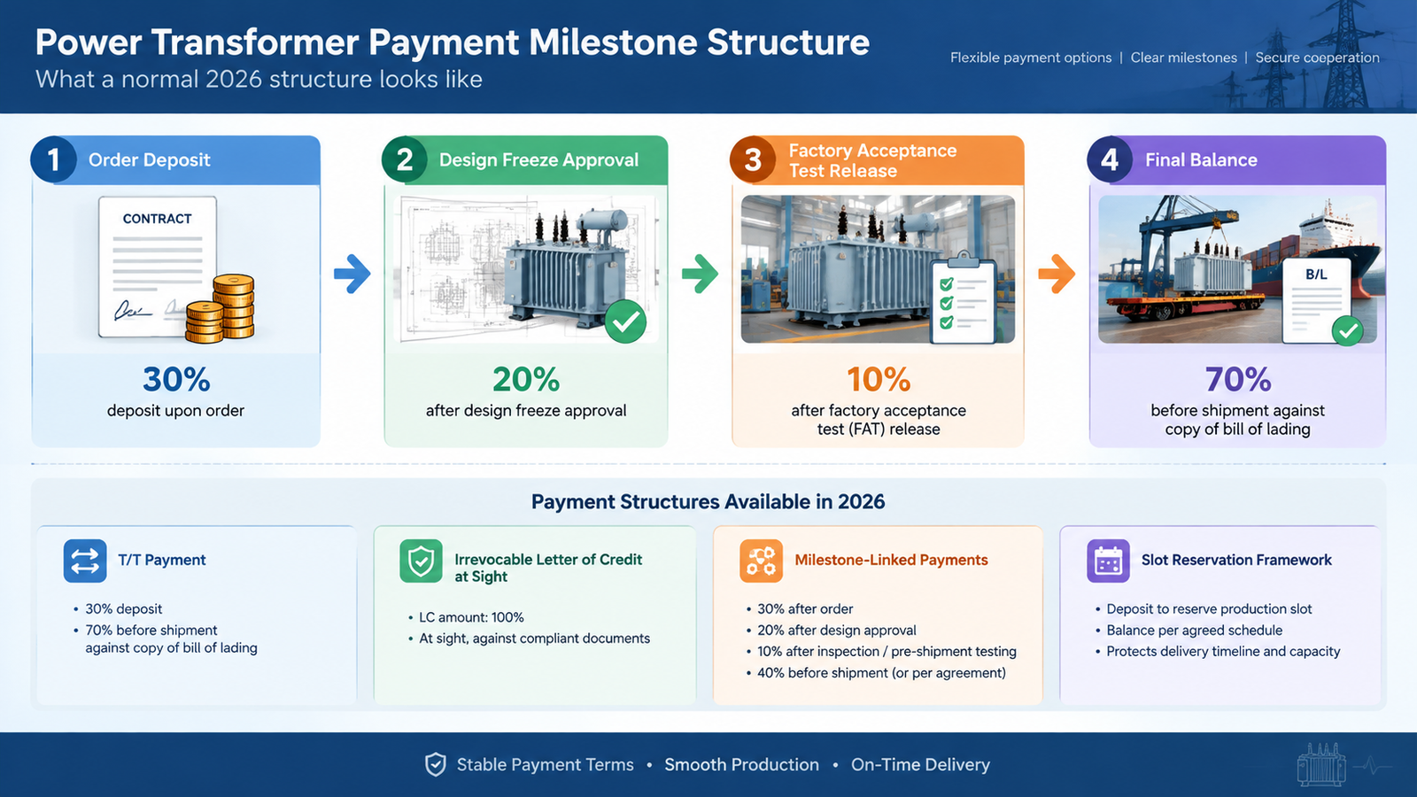 Payment milestone flow for a power transformer order, from deposit through factory acceptance test to balance against the bill of lading