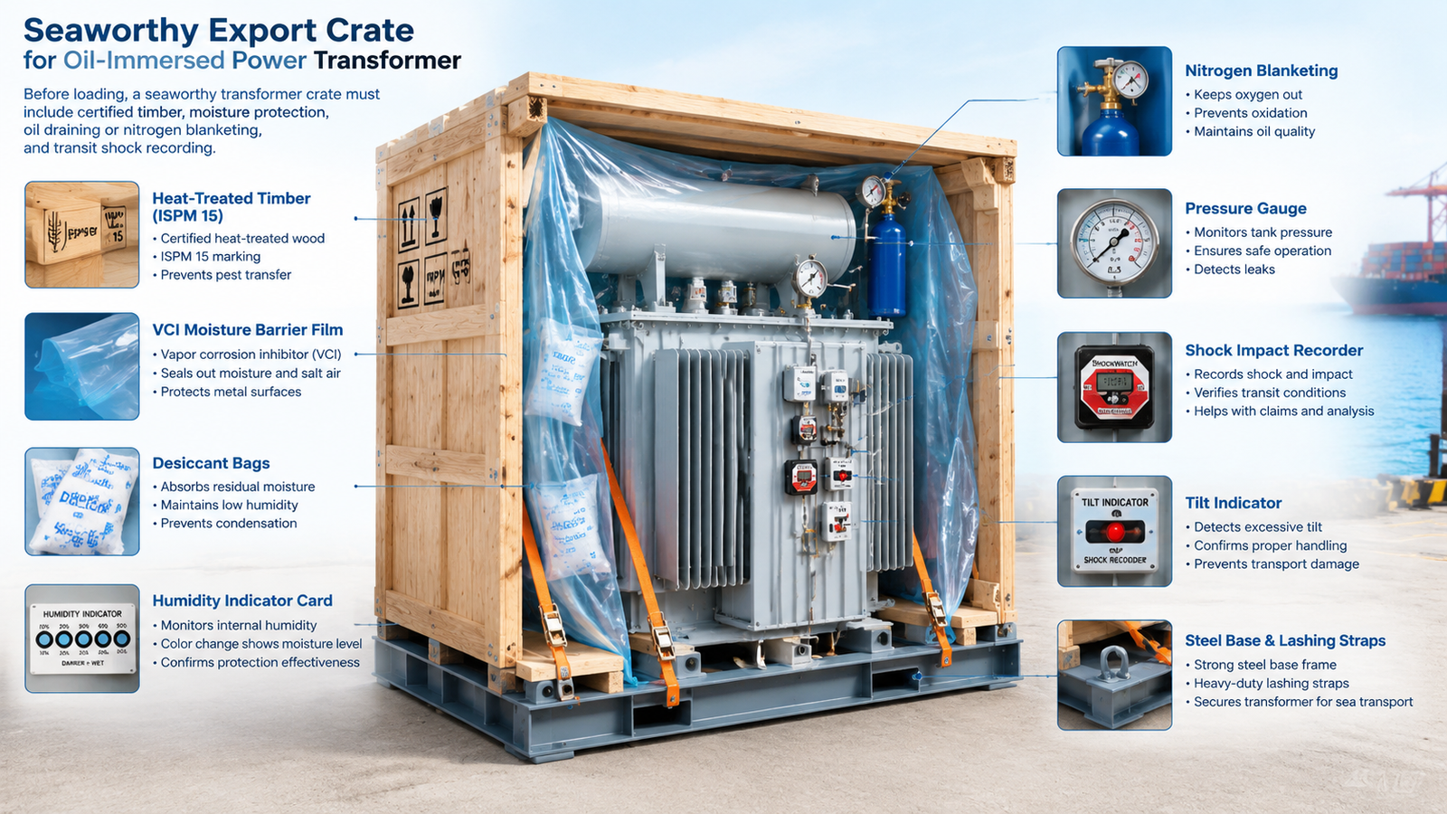 Cross-section of a seaworthy export crate for an oil-immersed power transformer showing heat-treated timber, desiccant, moisture barrier film, impact recorder, tilt indicator and nitrogen blanketing