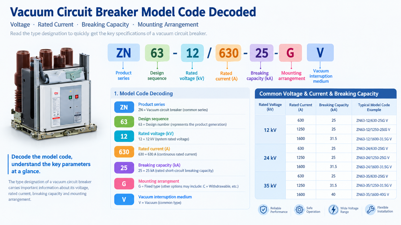 Vacuum circuit breaker model code decoded: voltage, current and breaking capacity