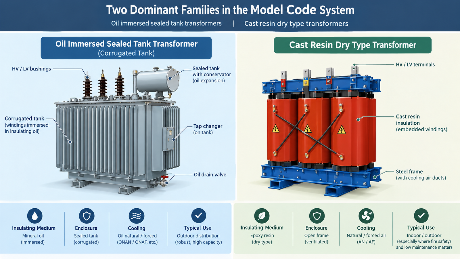 Oil immersed corrugated tank transformer beside a cast resin dry type transformer