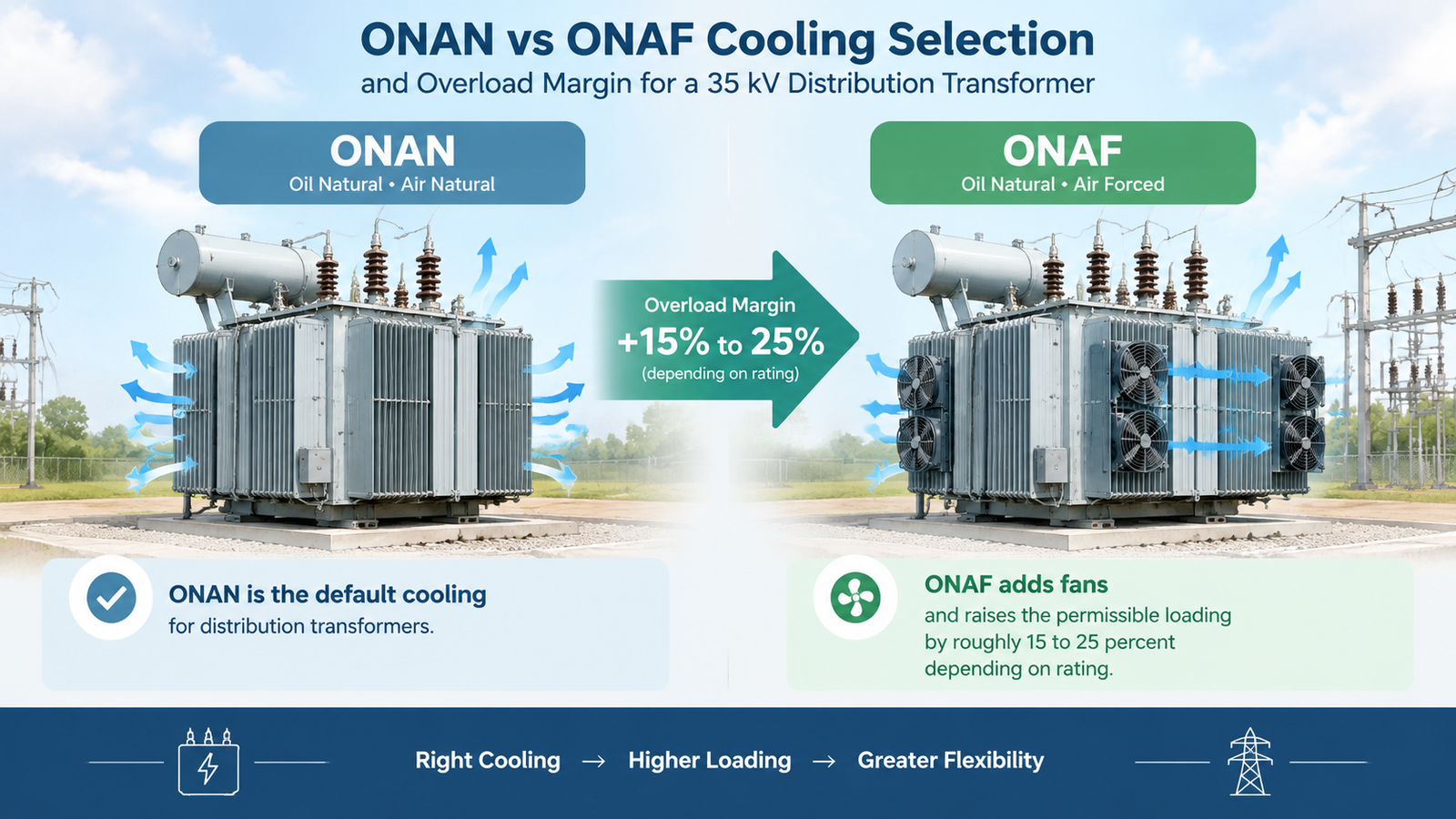 ONAN and ONAF cooling compared with overload margin for distribution transformers