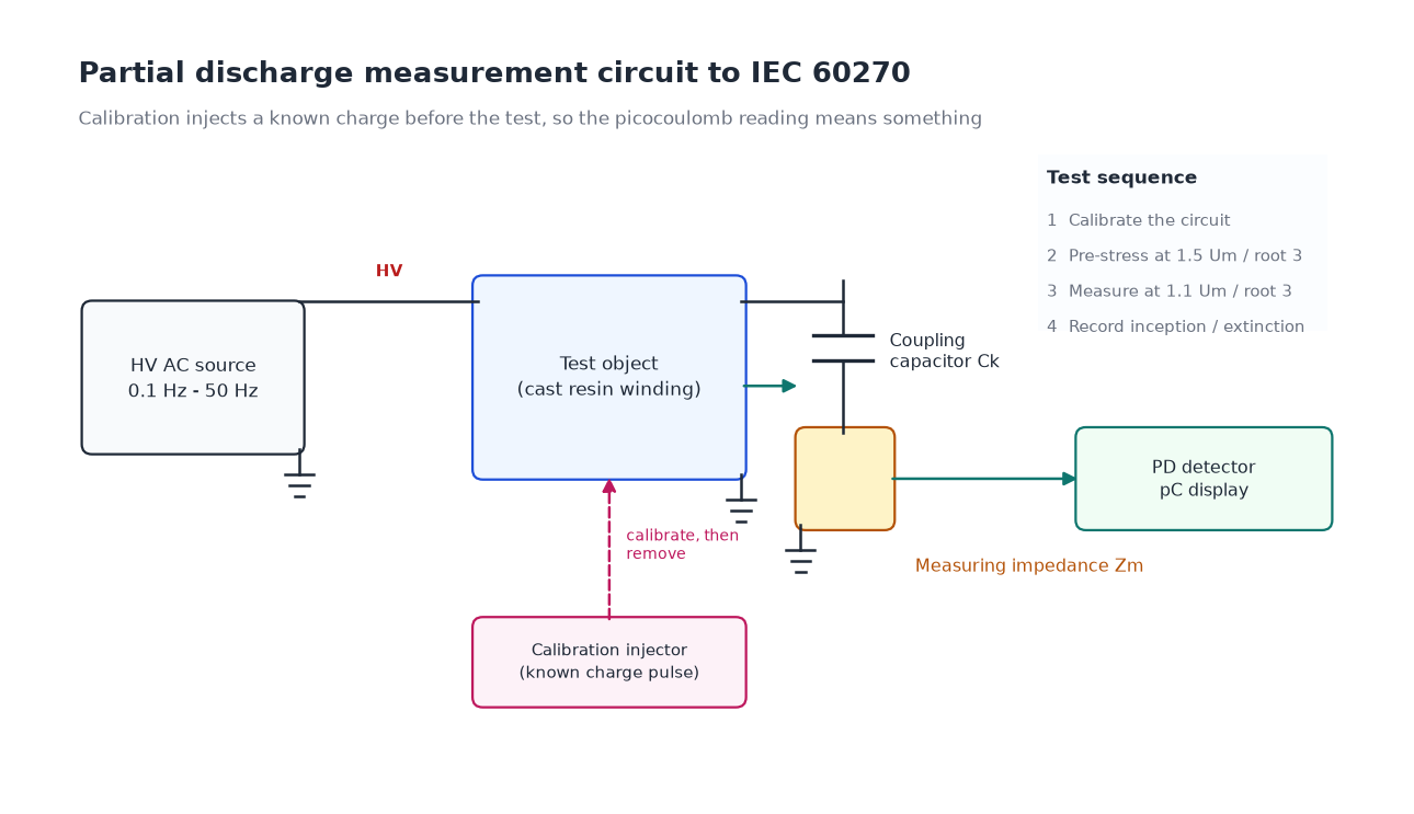 Partial discharge test circuit per IEC 60270 with coupling capacitor, measuring impedance and calibration injector