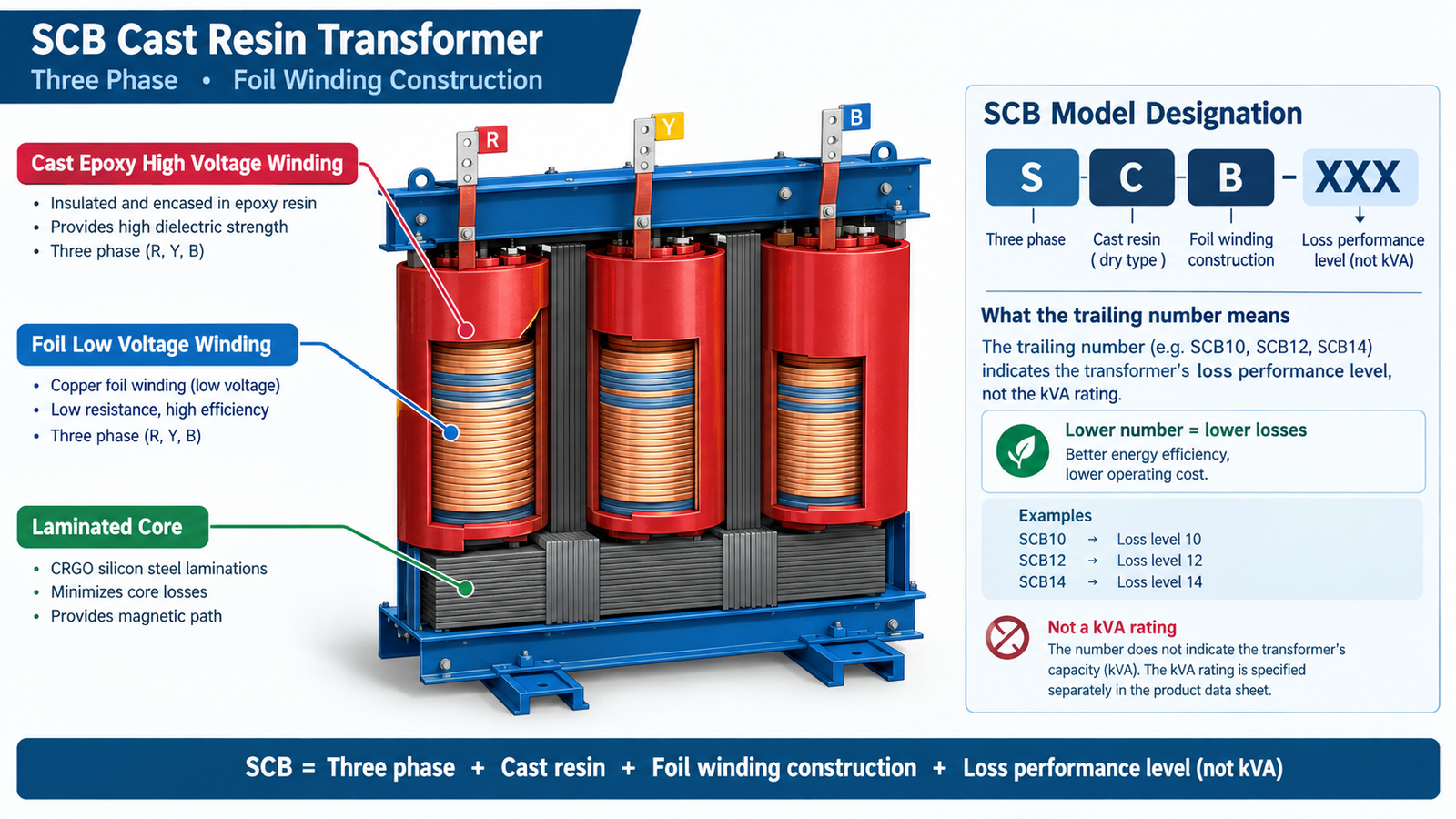 Cast resin dry type transformer construction with foil LV winding and cast epoxy HV winding