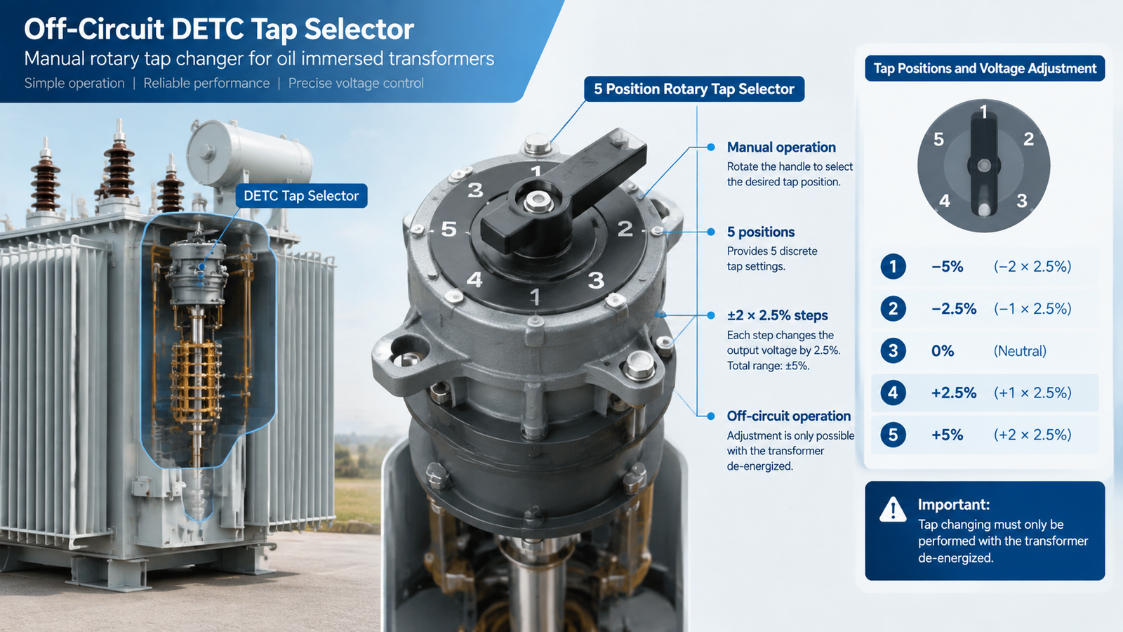 Off-circuit DETC tap selector with five positions inside an oil immersed transformer